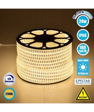 GLOBOSTAR® EPIWIDE 70512 Ταινία LED 24W-m 2160lm-m 120° DC 220-240V Αδιάβροχη IP65 180 x SMD2835 Chip-m Θερμό Λευκό 2700K Dimmable - Epistar SMD Chip - M100 x Π1.6 x Υ0.7cm - 3 Χρόνια Εγγύηση